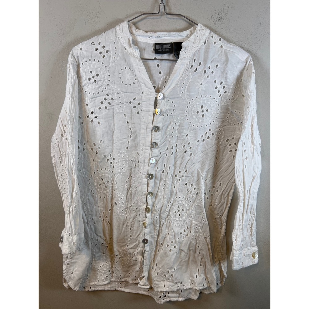 Chico's Women Eyelet Button Down Shirt Embroidered White Size 2